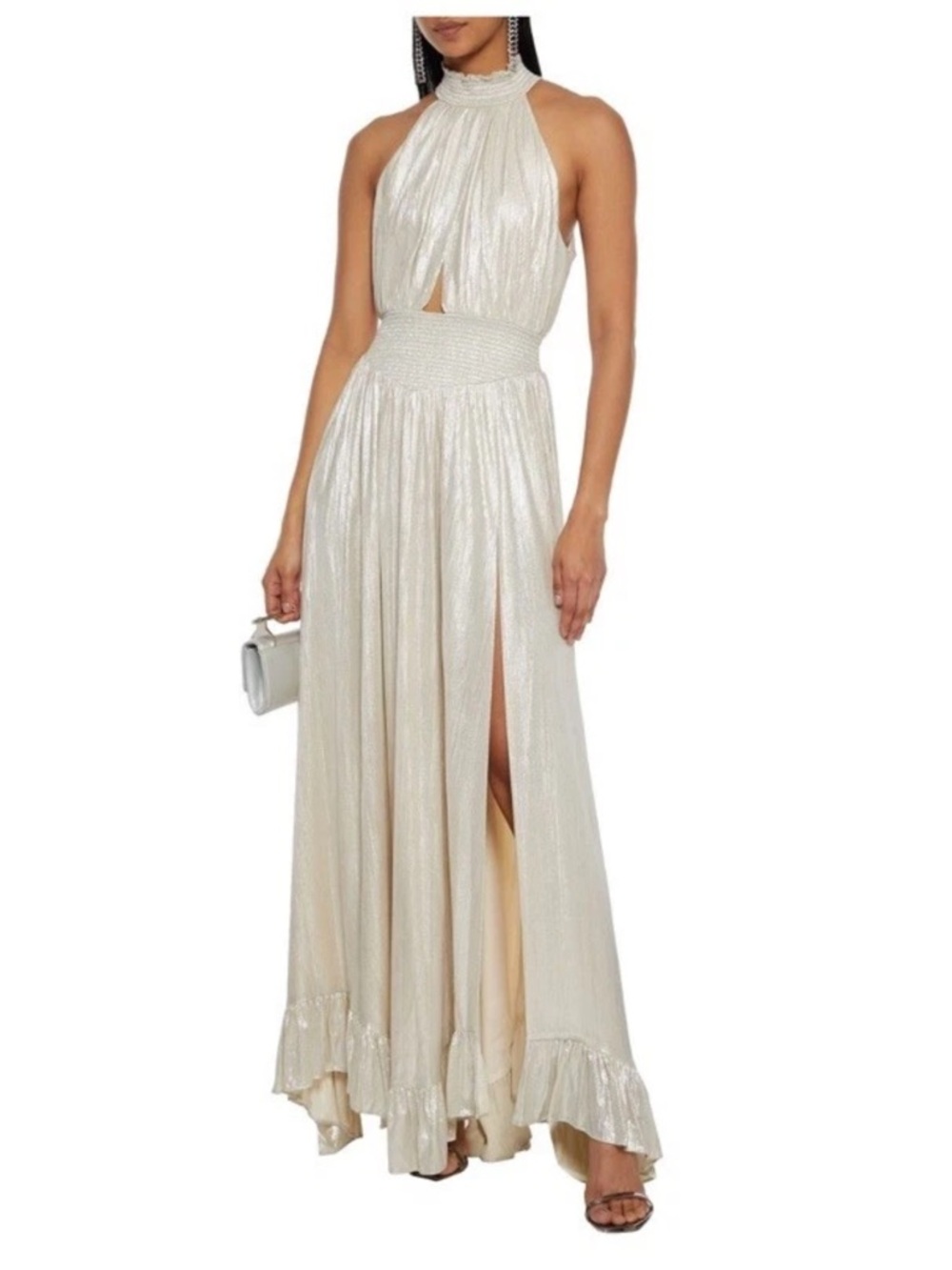 Retrofete Cream Metallic Halter Maxi Dress, Size M